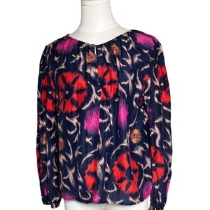 Boho Ikat Print Blouse Silk Cotton Navy Coral Velvet‎ by Graham Spencer XS